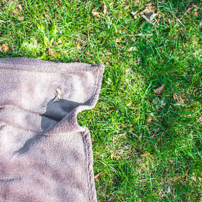 Blue picnic blanket on the grass field